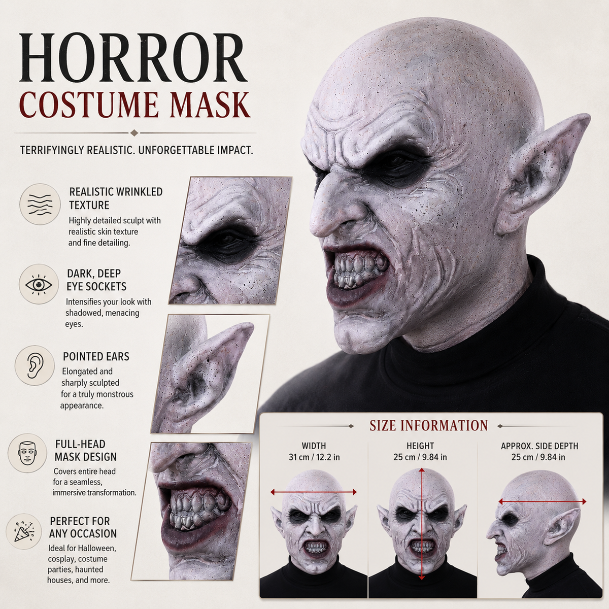 Nosferatu Vampire Latex Mask Full Head Bald Pointed Ears Snarling Teeth