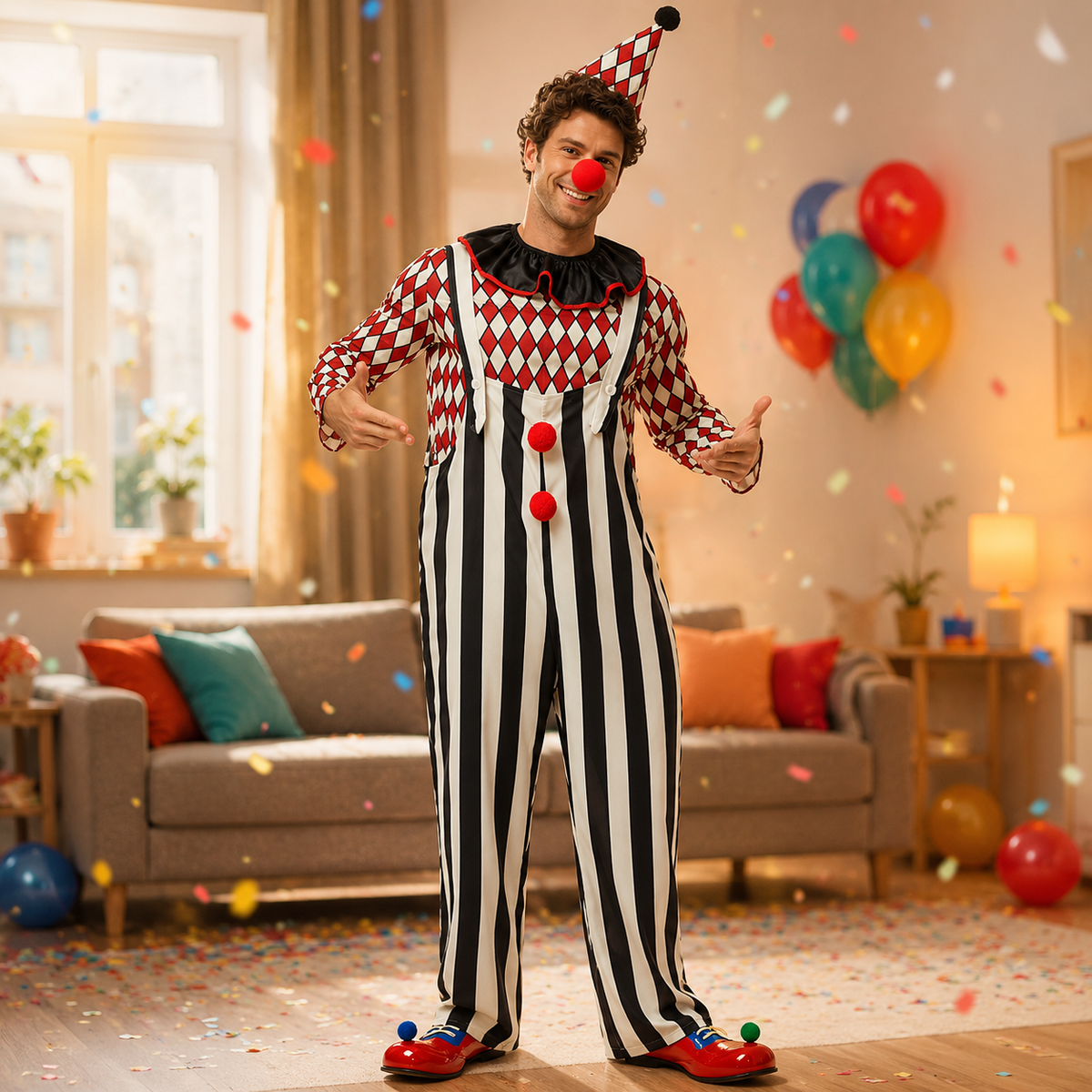 Classic Circus Clown Costume Mens Overalls or Womens Dress with Hat