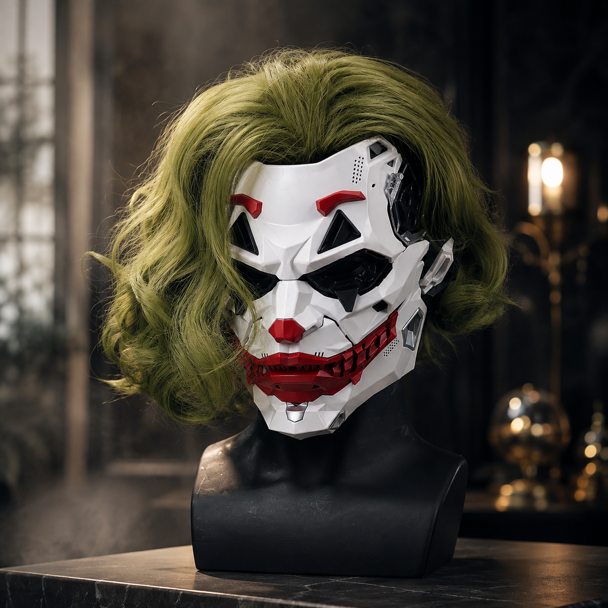 Futuristic Jester Clown Mask White Armored Face Wavy or Dreadlock Wig