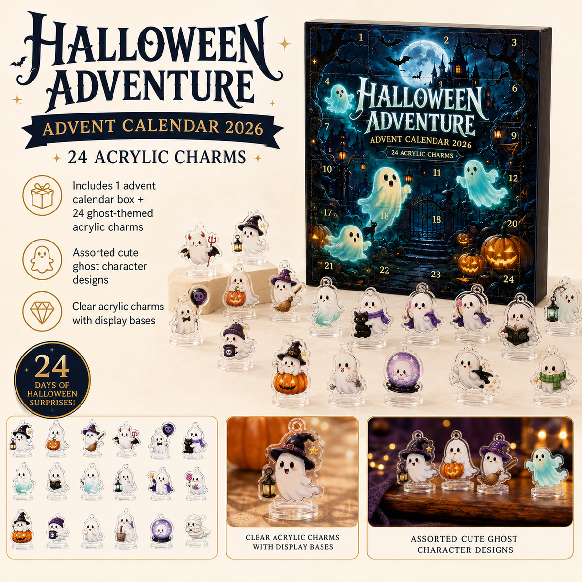Halloween Advent Calendar 24 Ghost Acrylic Charms with Display Stands
