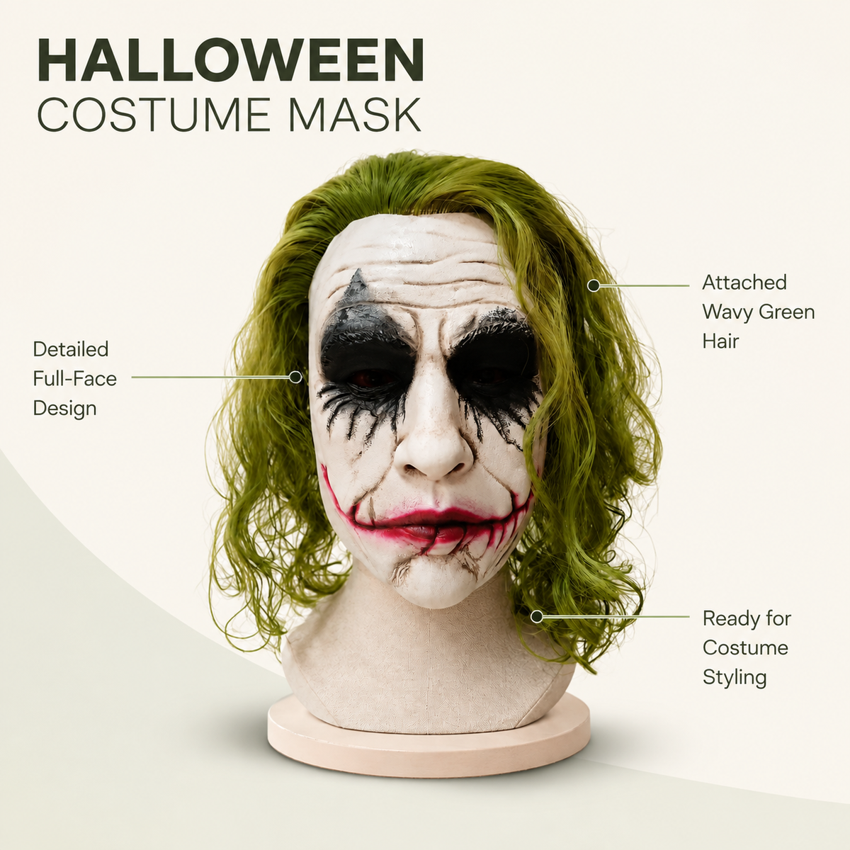 Joker Style Latex Mask with Wavy Green Hair Scarred Smile Clown Villain