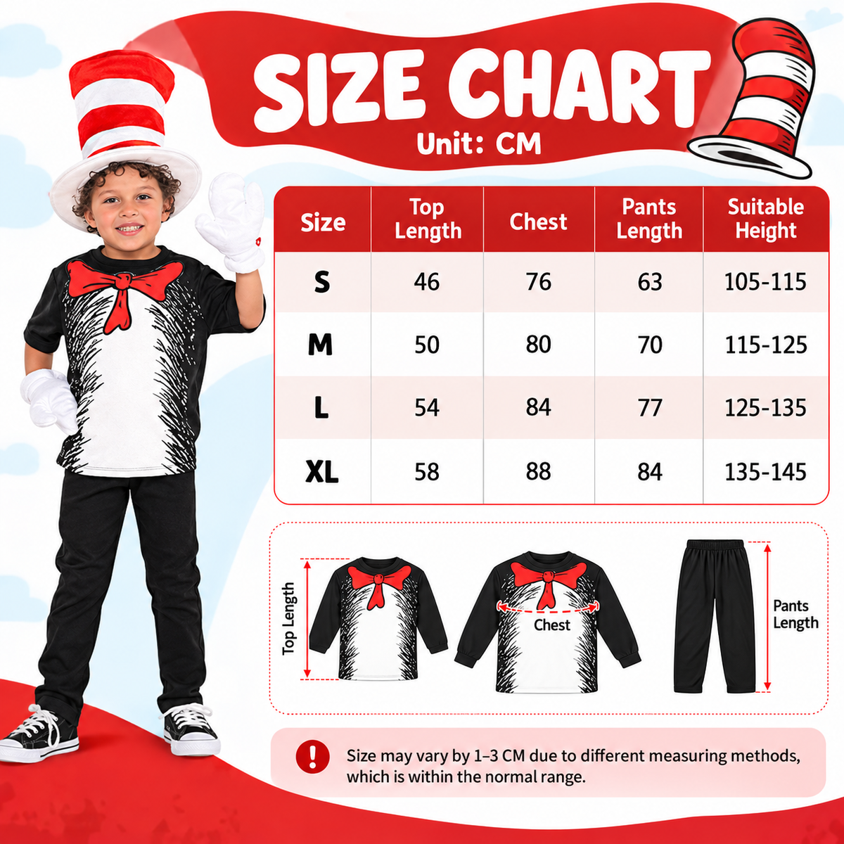Kids Cat in the Hat Style Costume Striped Hat Bow Tie Gloves 3 Styles