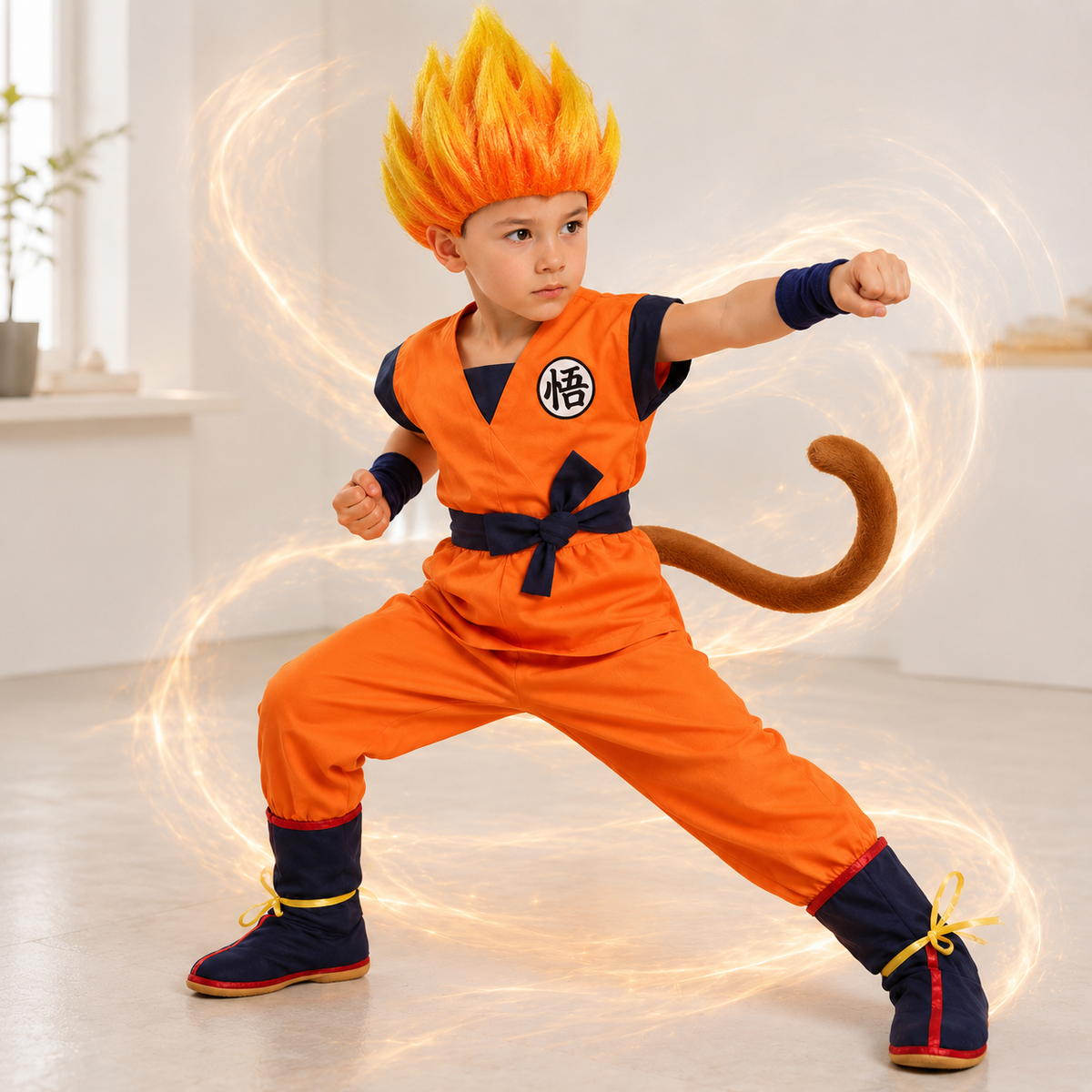 Goku Style Kids Costume Orange Gi Belt Bracers Tail Spiky Wig Options
