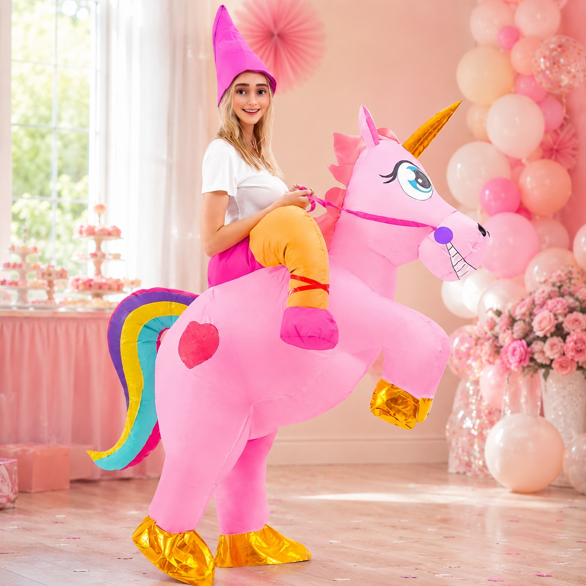 Inflatable Unicorn Ride On Costume Adult Rainbow Tail Pointed Hat