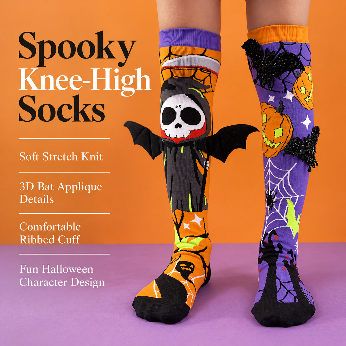 Halloween Knee High Socks Mismatched Skull Reaper Bat and Pumpkin