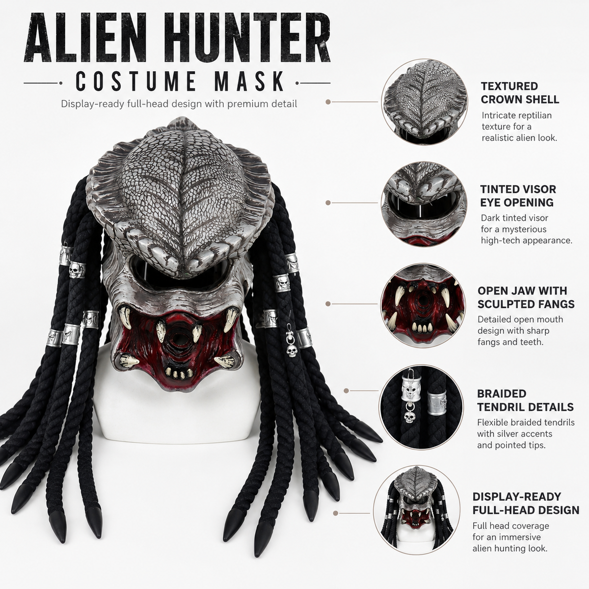 Alien Hunter Predator Style Mask Full Head Braided Dreadlocks Fangs