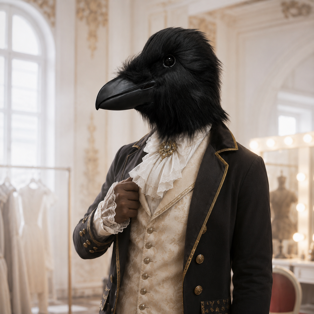 Black Raven Crow Mask Full Head Faux Fur Bird Mask Sculpted Beak