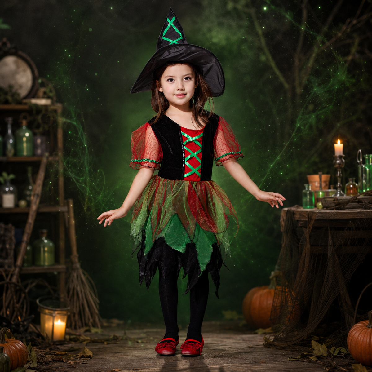 Girls Witch Costume Dress with Hat Five Styles Green Purple Pink Gold