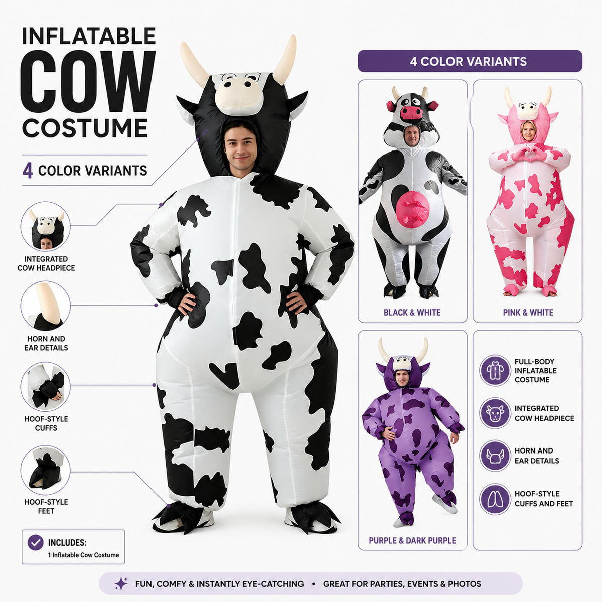 Adult Inflatable Cow Costume Full Body Blow Up Suit Horns 4 Colors