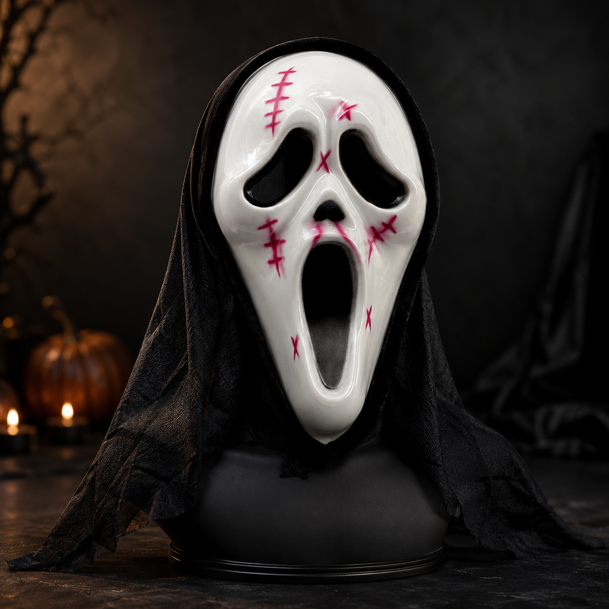 Ghost Face Scream Mask with Black Hood Halloween Horror Costume Mask