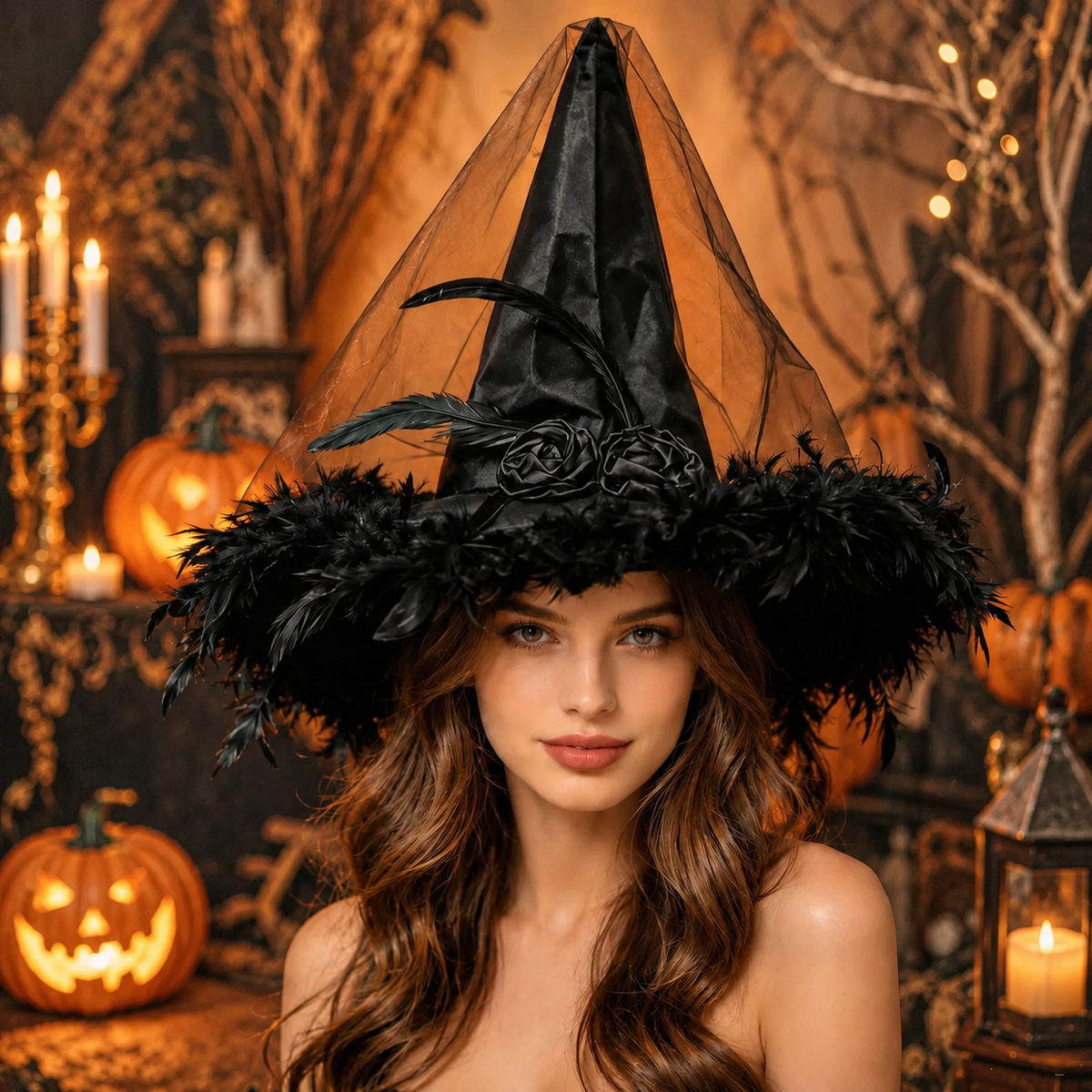 Feather Witch Hat with Veil Satin Roses Black Purple Halloween Hat