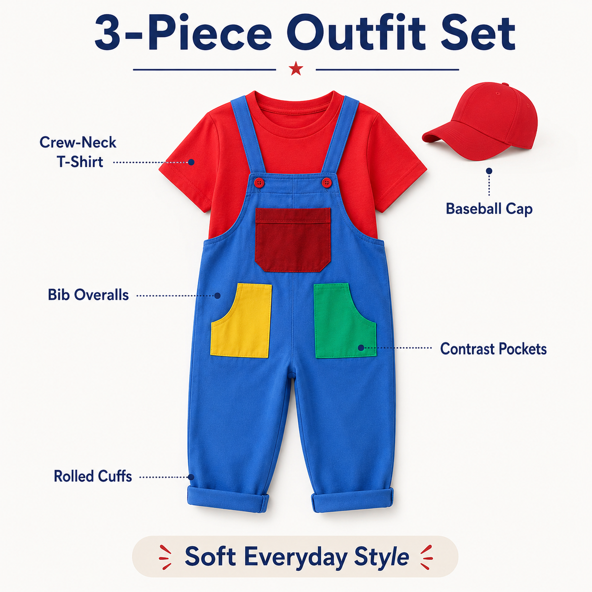 Kids Plumber Costume Colorblock Bib Overalls T Shirt Cap 3 Piece Set