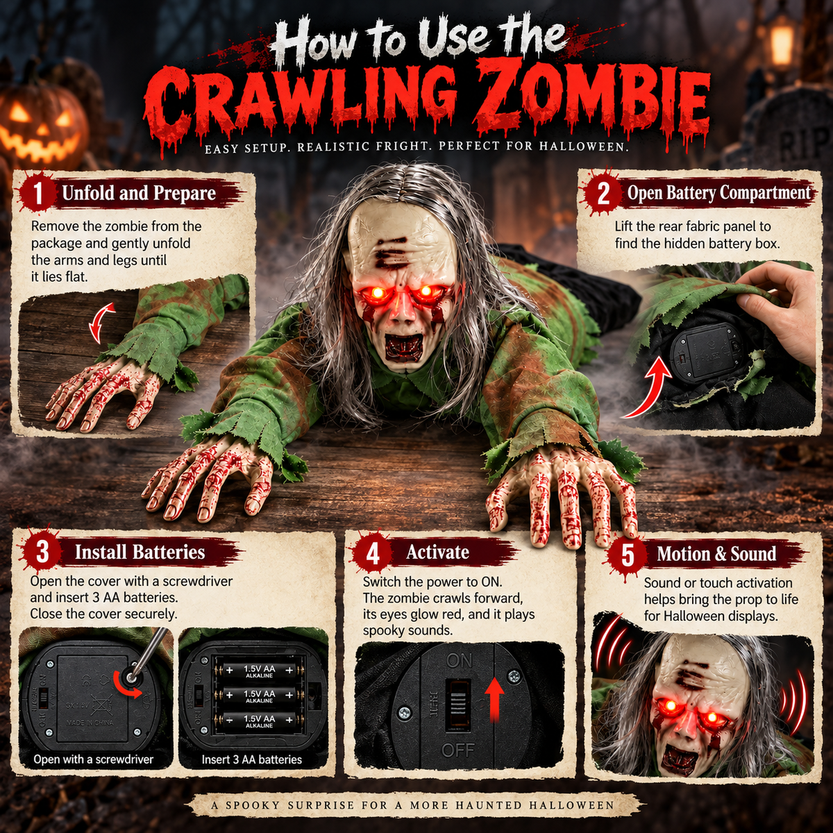 Animated Crawling Zombie Decoration Long Gray Hair Glowing Red Eyes