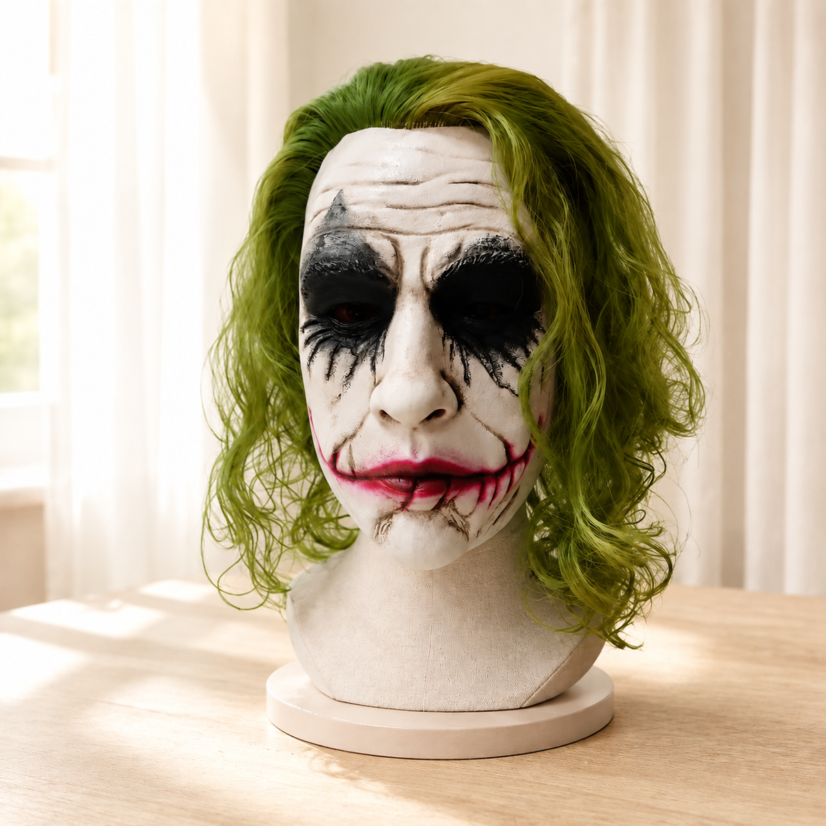 Joker Style Latex Mask with Wavy Green Hair Scarred Smile Clown Villain