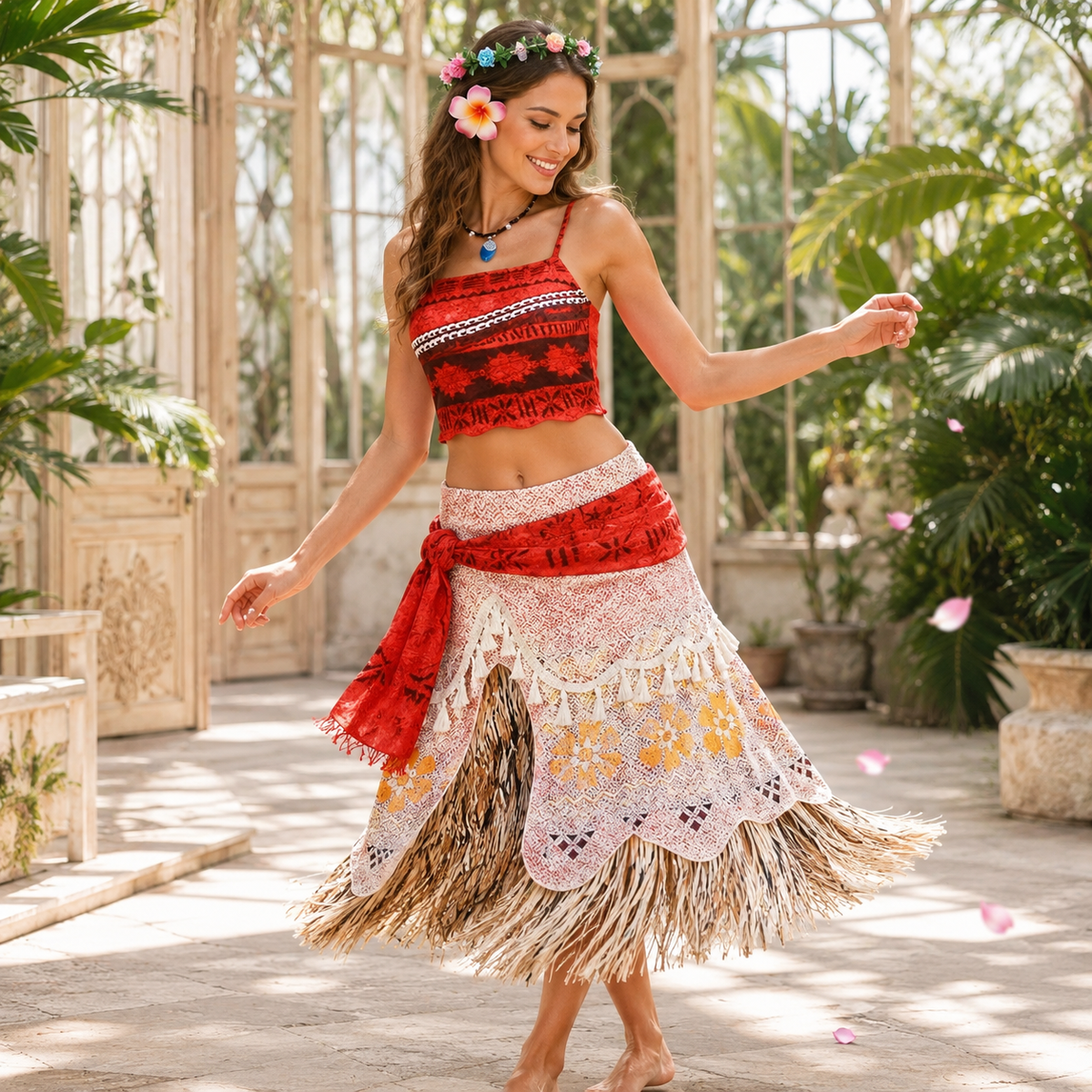 Island Princess Costume Red Crop Top Tassel Skirt Flower Crown Necklace