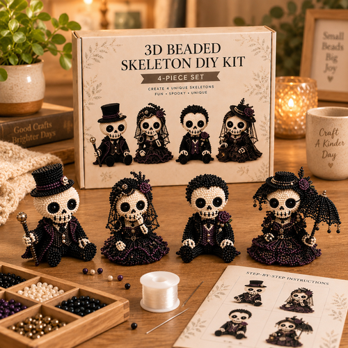 3D Beaded Skeleton DIY Craft Kit 4 Piece Set Halloween Bead Figures