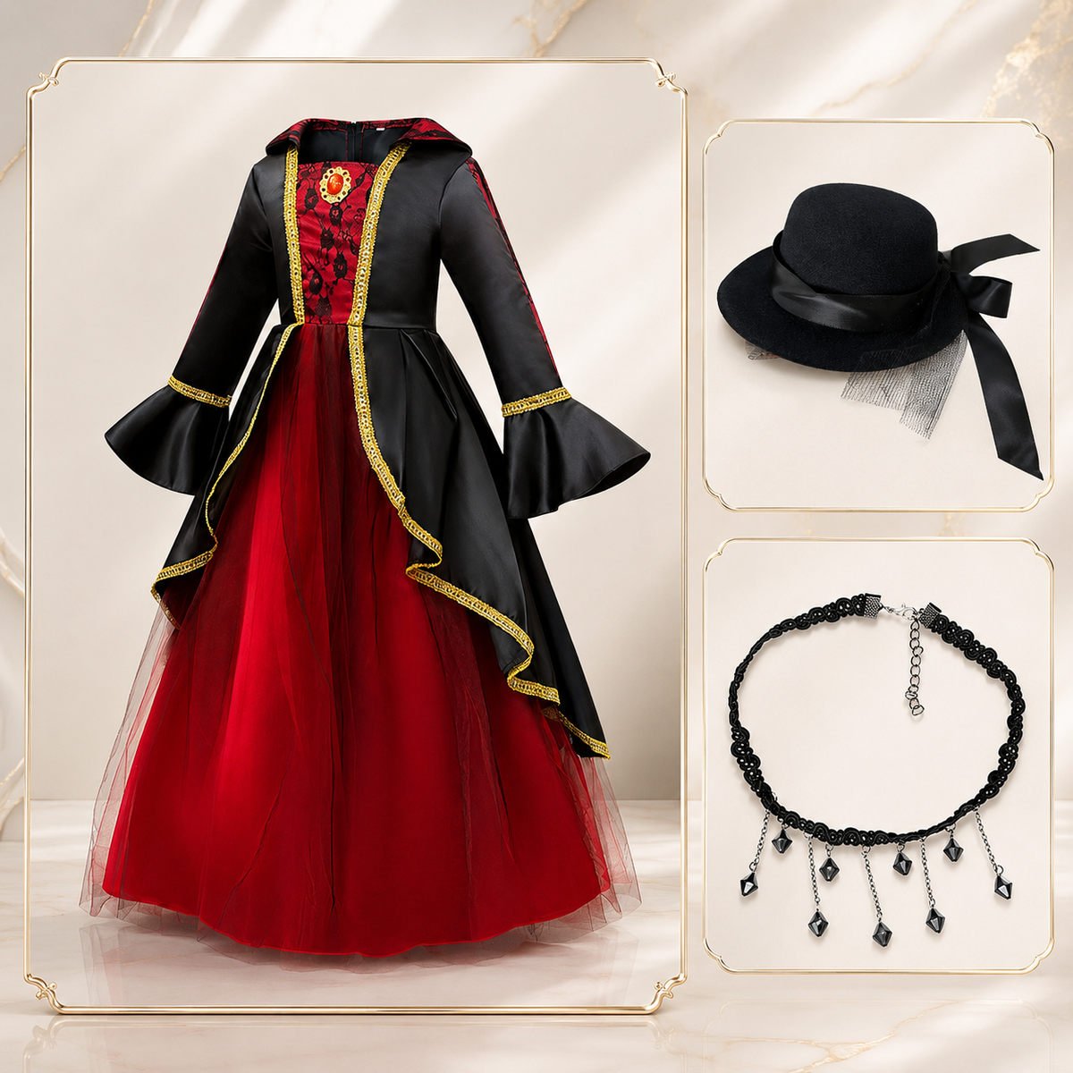 Girls Victorian Vampire Dress Costume Red Black Gown Hat Choker