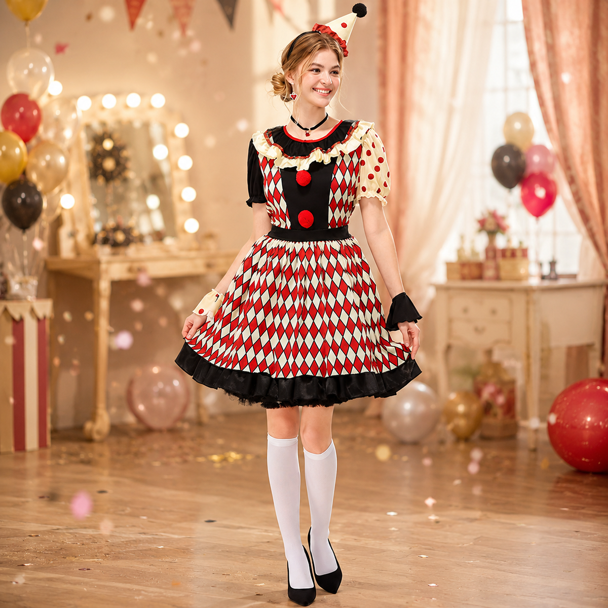 Classic Circus Clown Costume Mens Overalls or Womens Dress with Hat