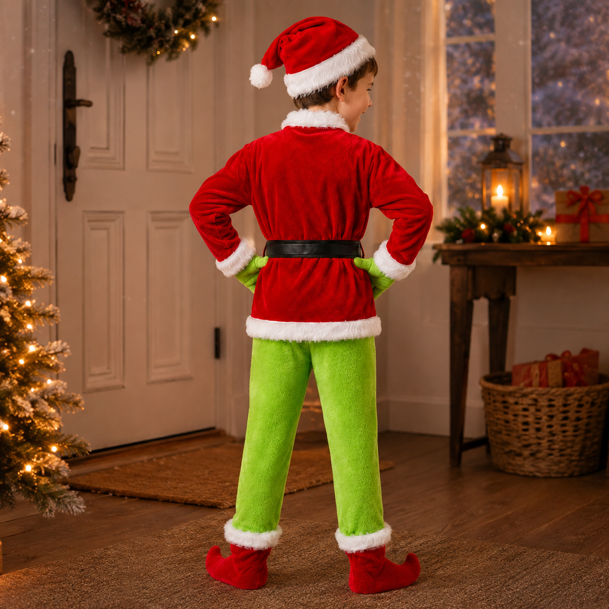 Boys Green Christmas Elf Costume Santa Jacket Hat Gloves Curled Shoes