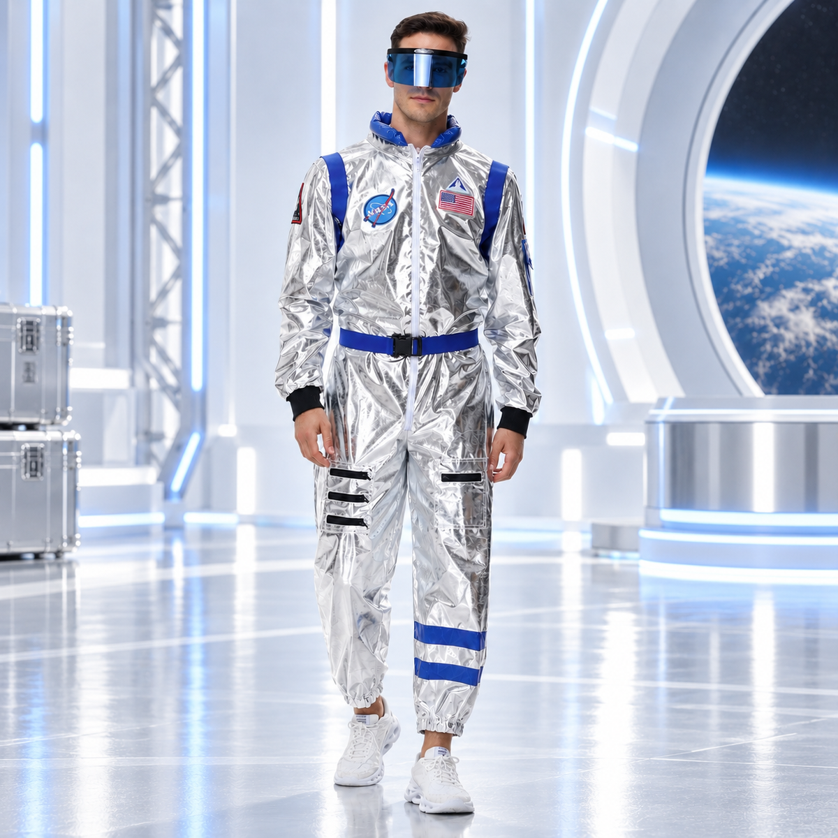 Adult Silver Astronaut Costume Metallic Space Suit Jumpsuit Visor Belt