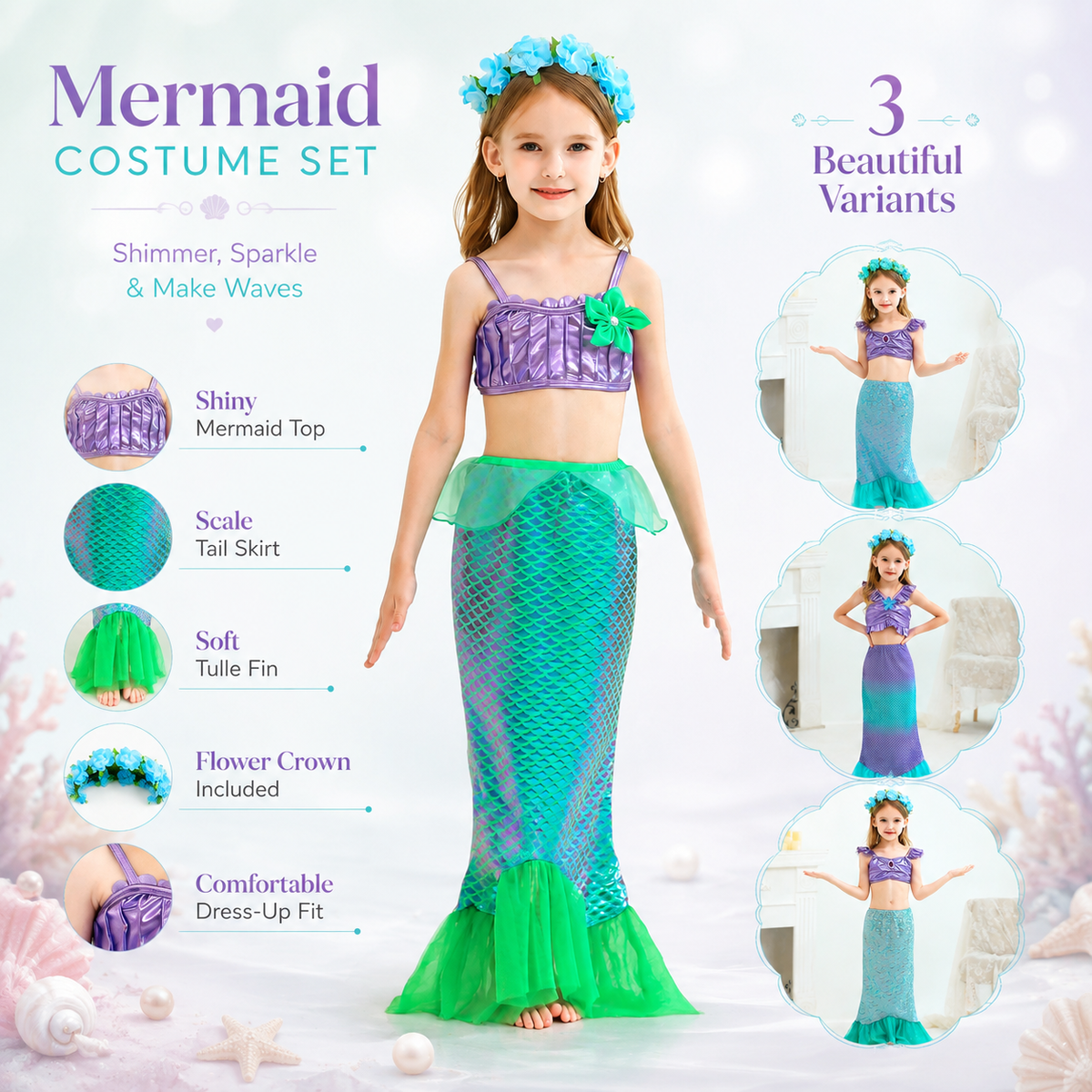 Girls Mermaid Costume Shiny Top Scale Tail Skirt Flower Crown Set