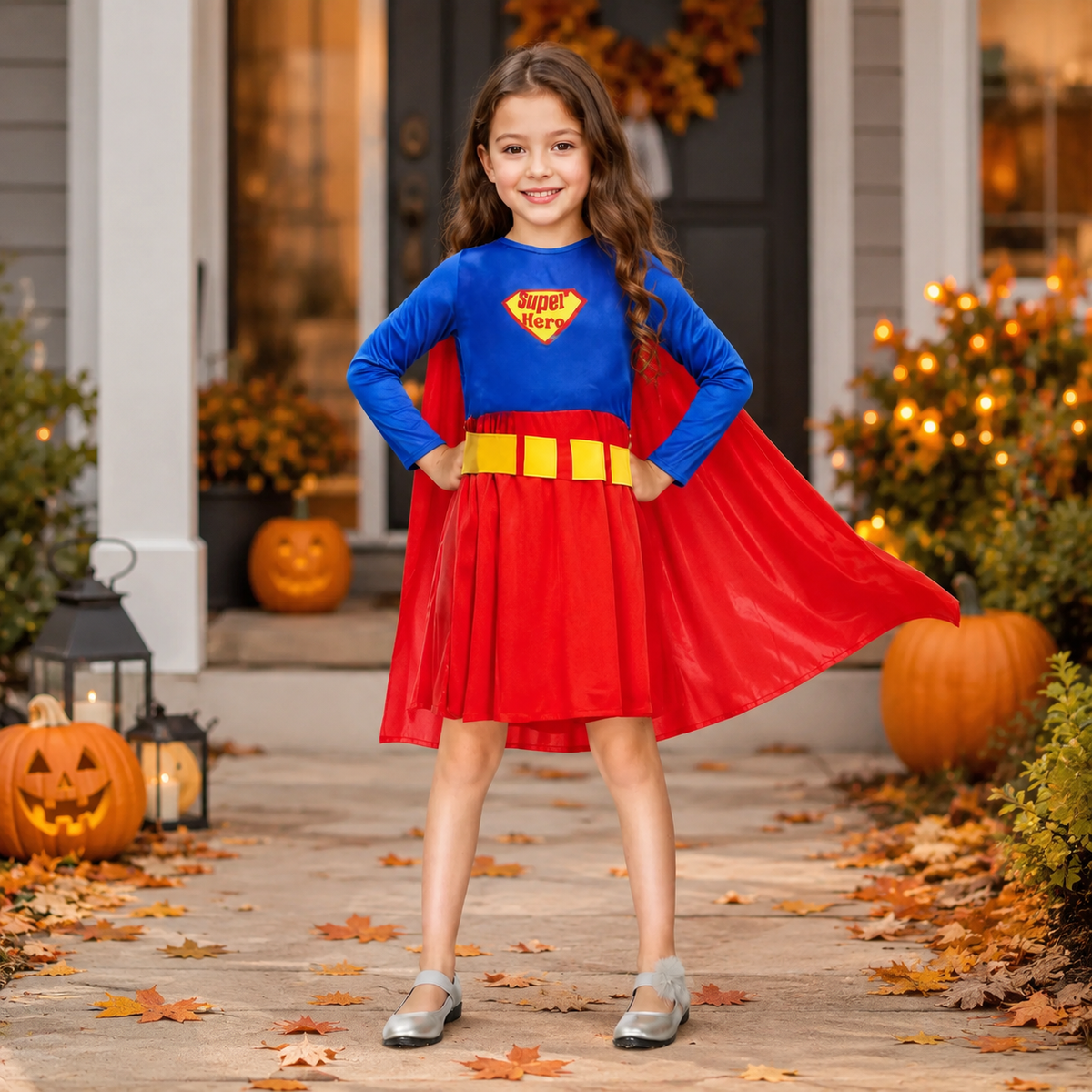 Kids Superhero Costume Girls Cape Dress or Boys Jumpsuit with Belt