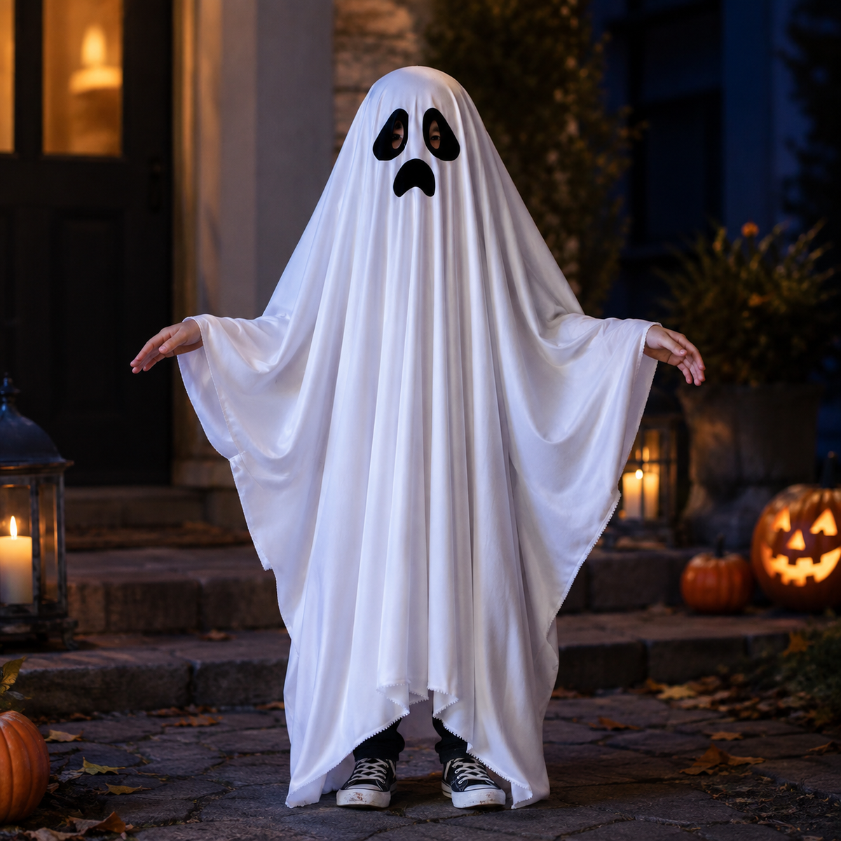 Kids Ghost Costume White Sheet Poncho with Cute Face Print Halloween