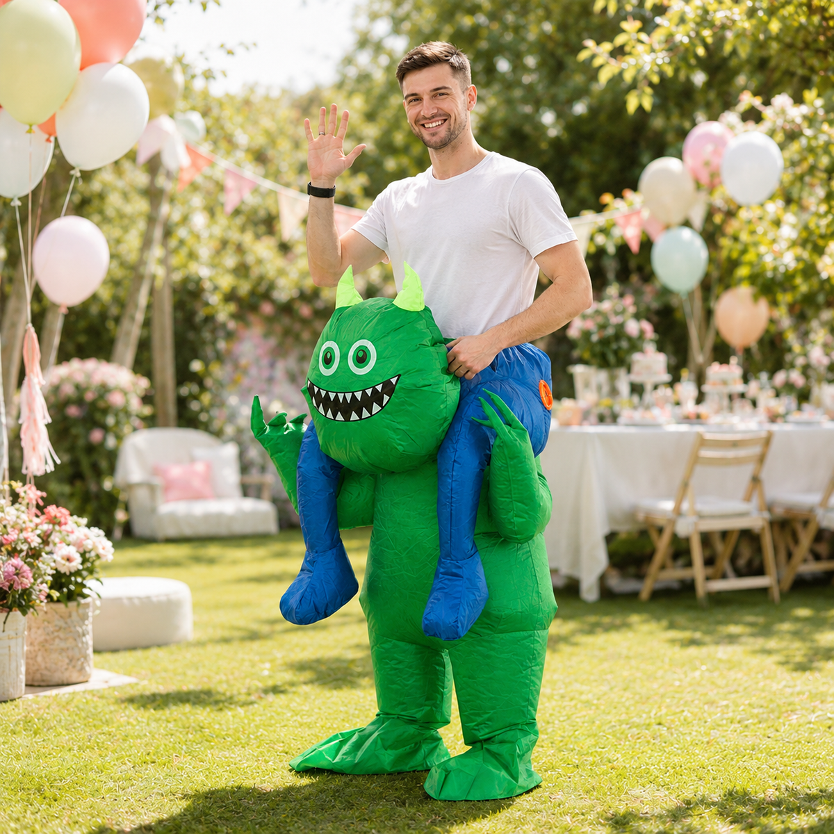 Inflatable Green Monster Ride On Costume Carry Me Adult Blow Up Suit