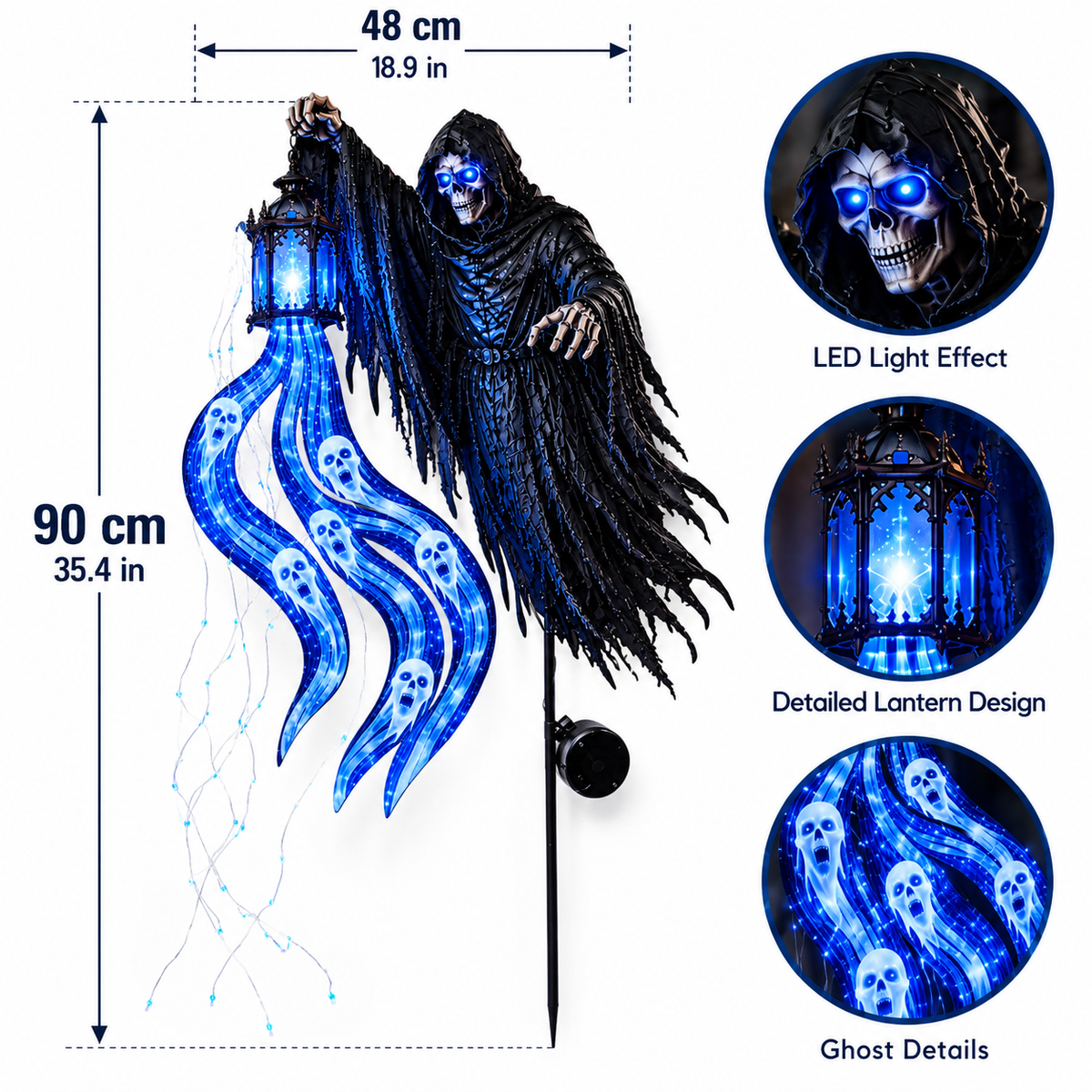 Grim Reaper Solar Yard Light with Lantern and Blue Ghost Glow Stake