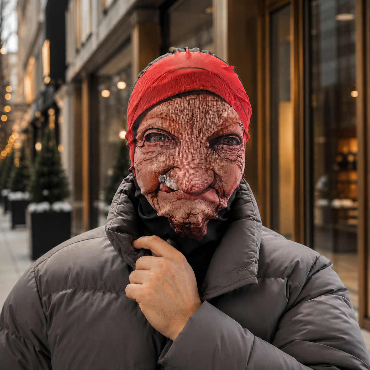 Funny Old Lady Face Mask Wrinkled Granny with Red Headscarf Prank