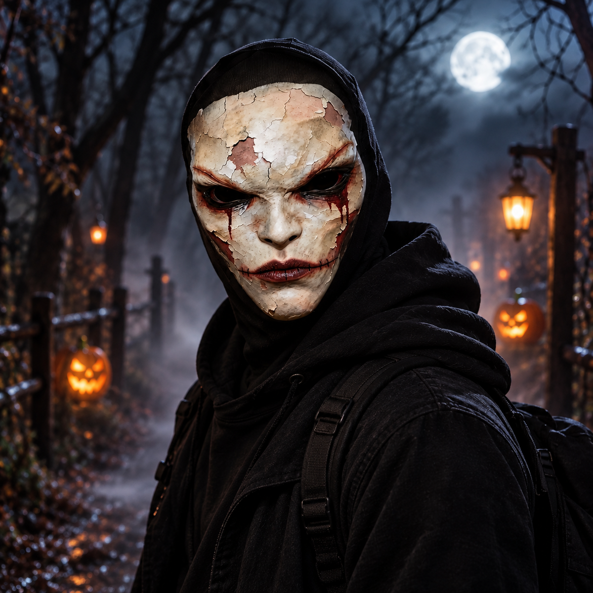 Cracked Porcelain Horror Face Hooded Balaclava Halloween Mask
