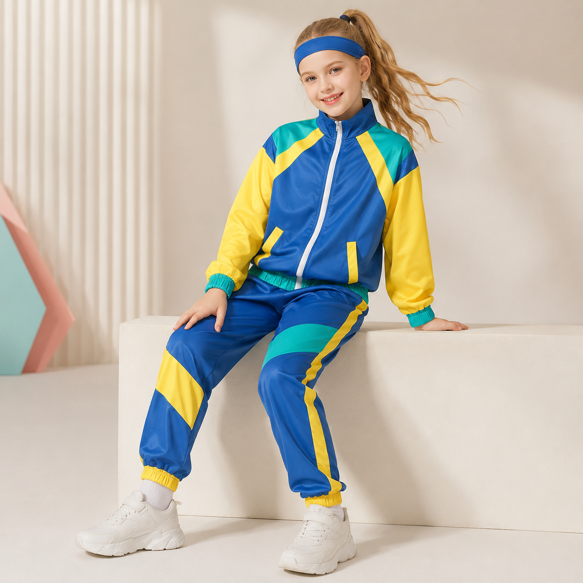 Kids 80s Retro Tracksuit Costume Color Block Jacket Pants Headband