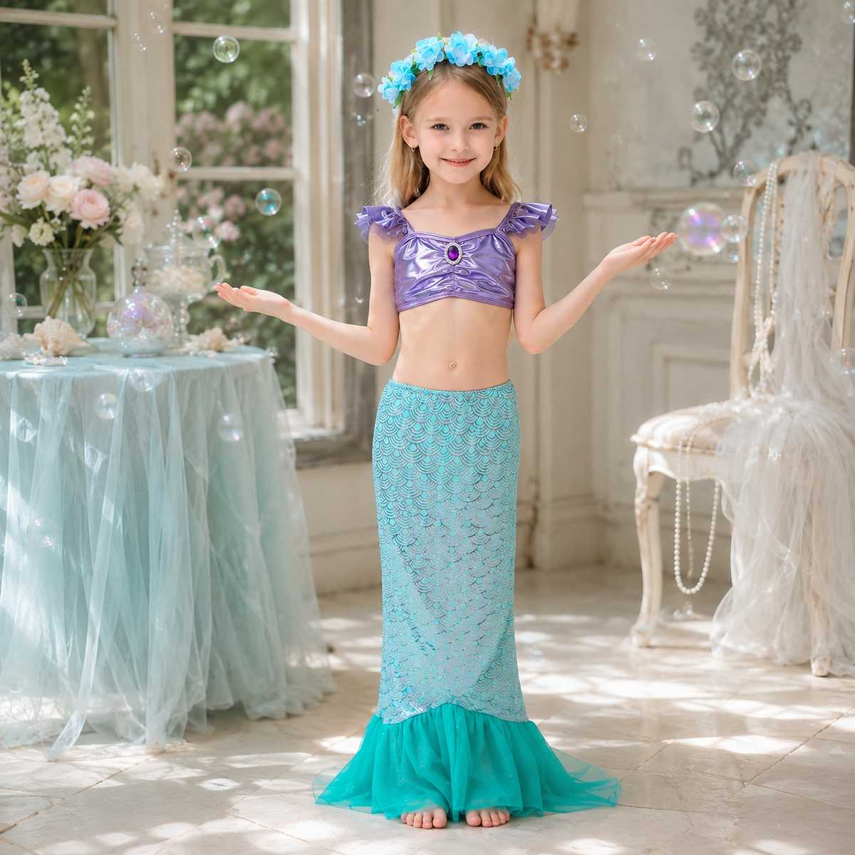Girls Mermaid Costume Shiny Top Scale Tail Skirt Flower Crown Set