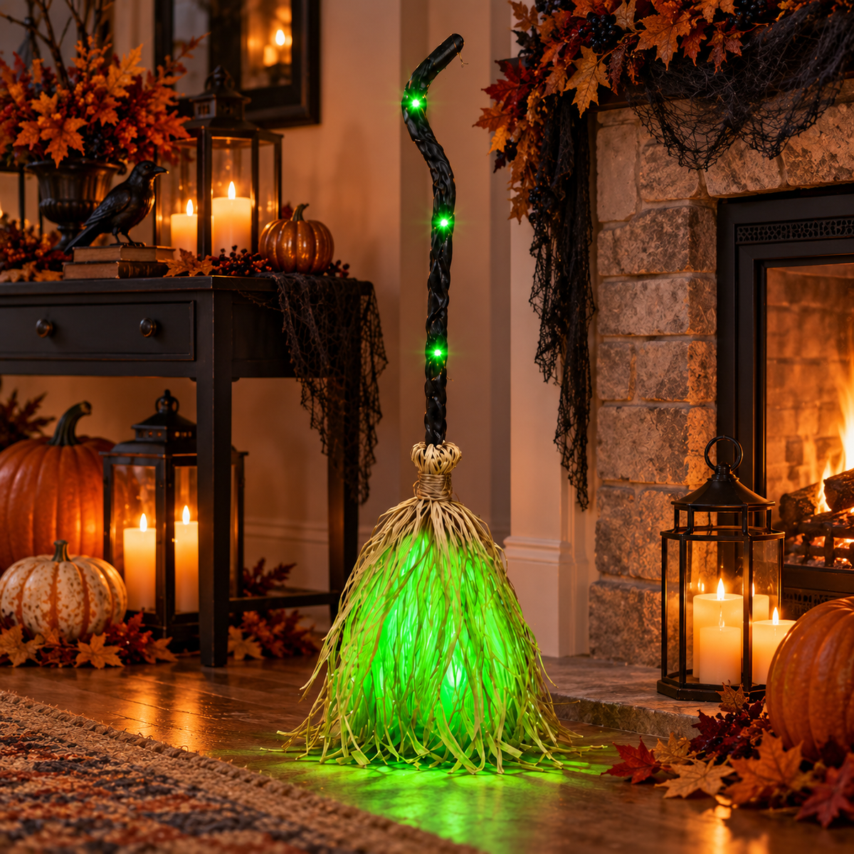 Light Up Witch Broom Halloween Decor Green LED Twisted Handle