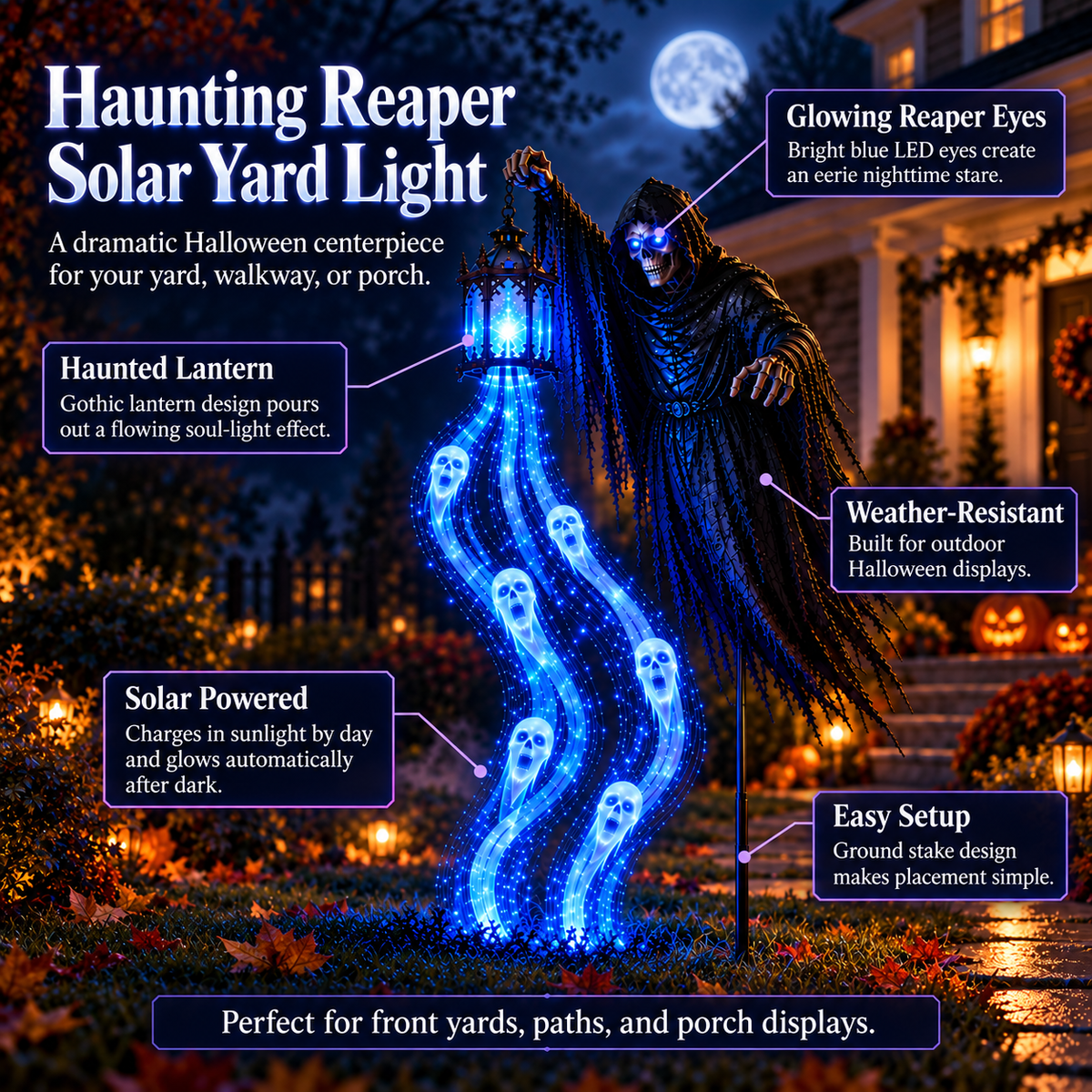 Grim Reaper Solar Yard Light with Lantern and Blue Ghost Glow Stake