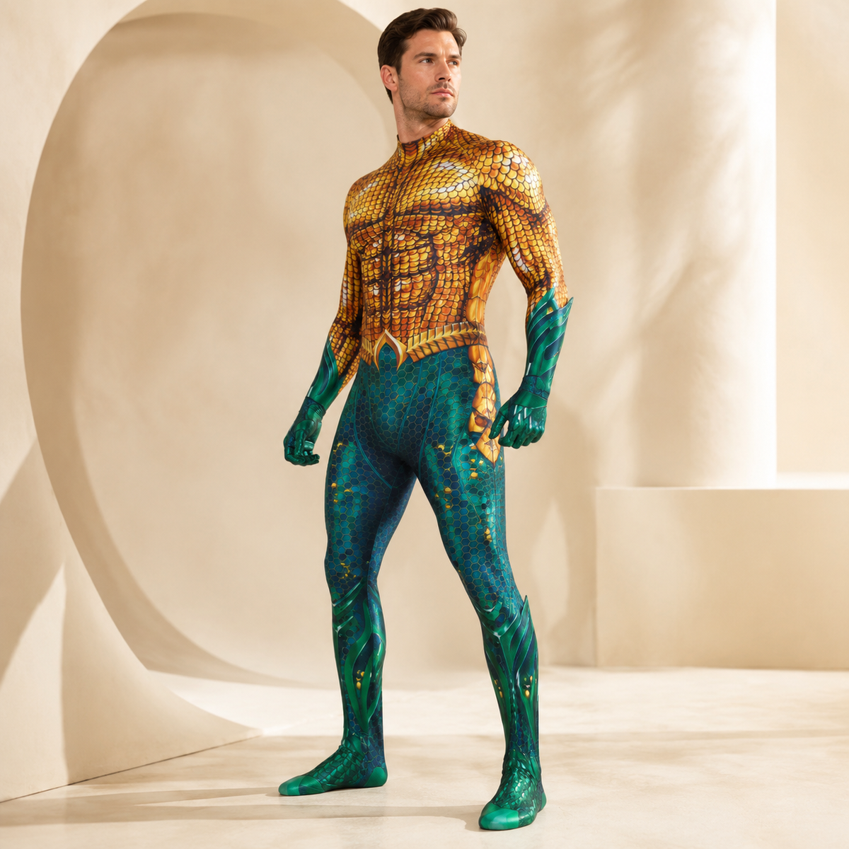 Aquaman Style Zentai Bodysuit Gold Scale Green Ocean Warrior Costume
