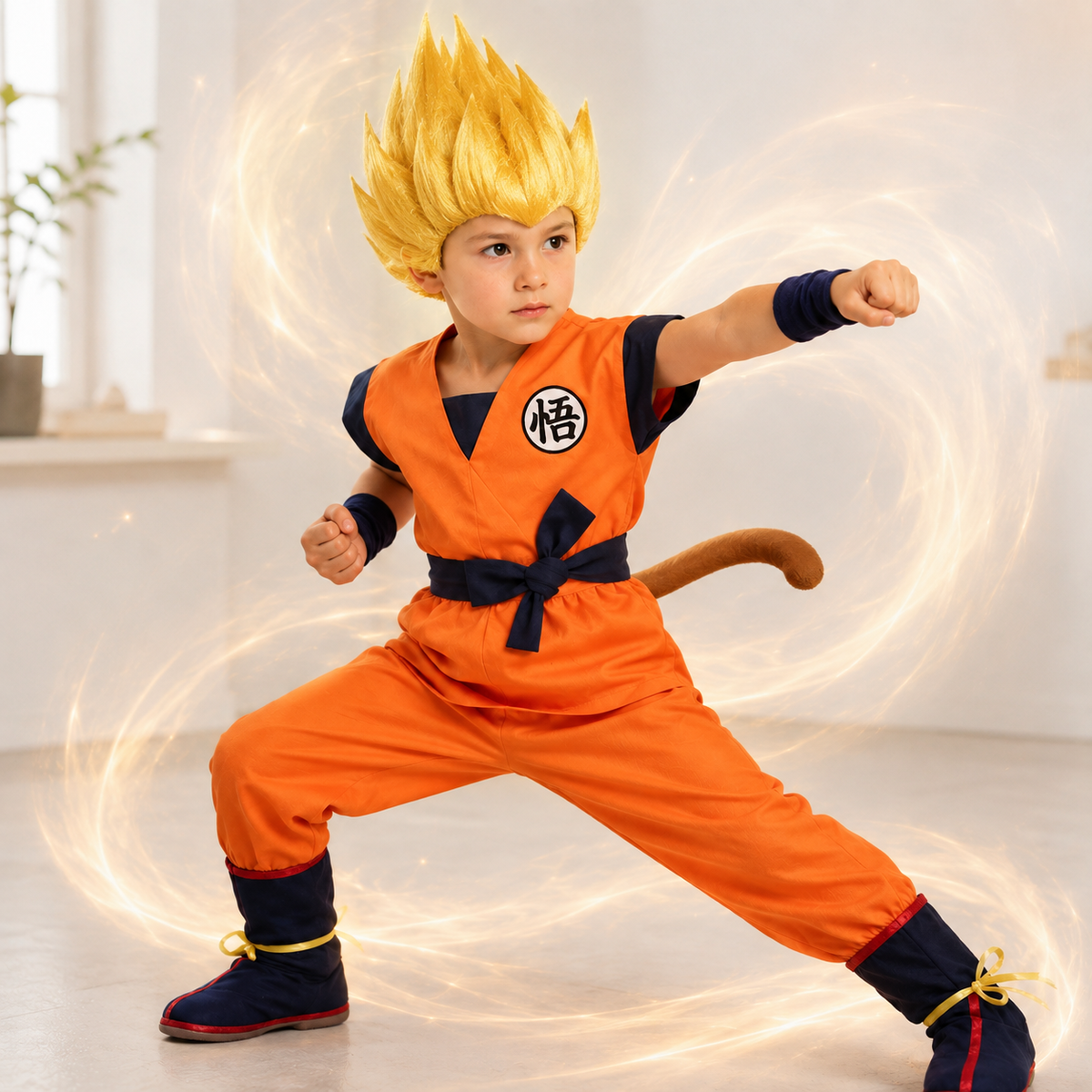 Goku Style Kids Costume Orange Gi Belt Bracers Tail Spiky Wig Options