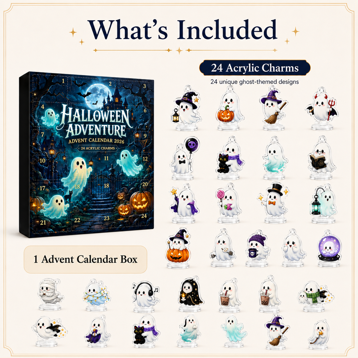 Halloween Advent Calendar 24 Ghost Acrylic Charms with Display Stands