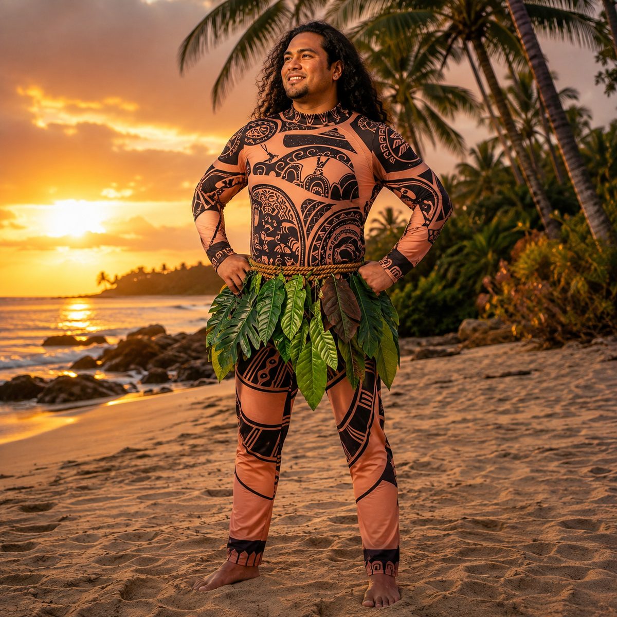 Maui Style Costume Tattoo Print Bodysuit Leaf Skirt Kids and Adults