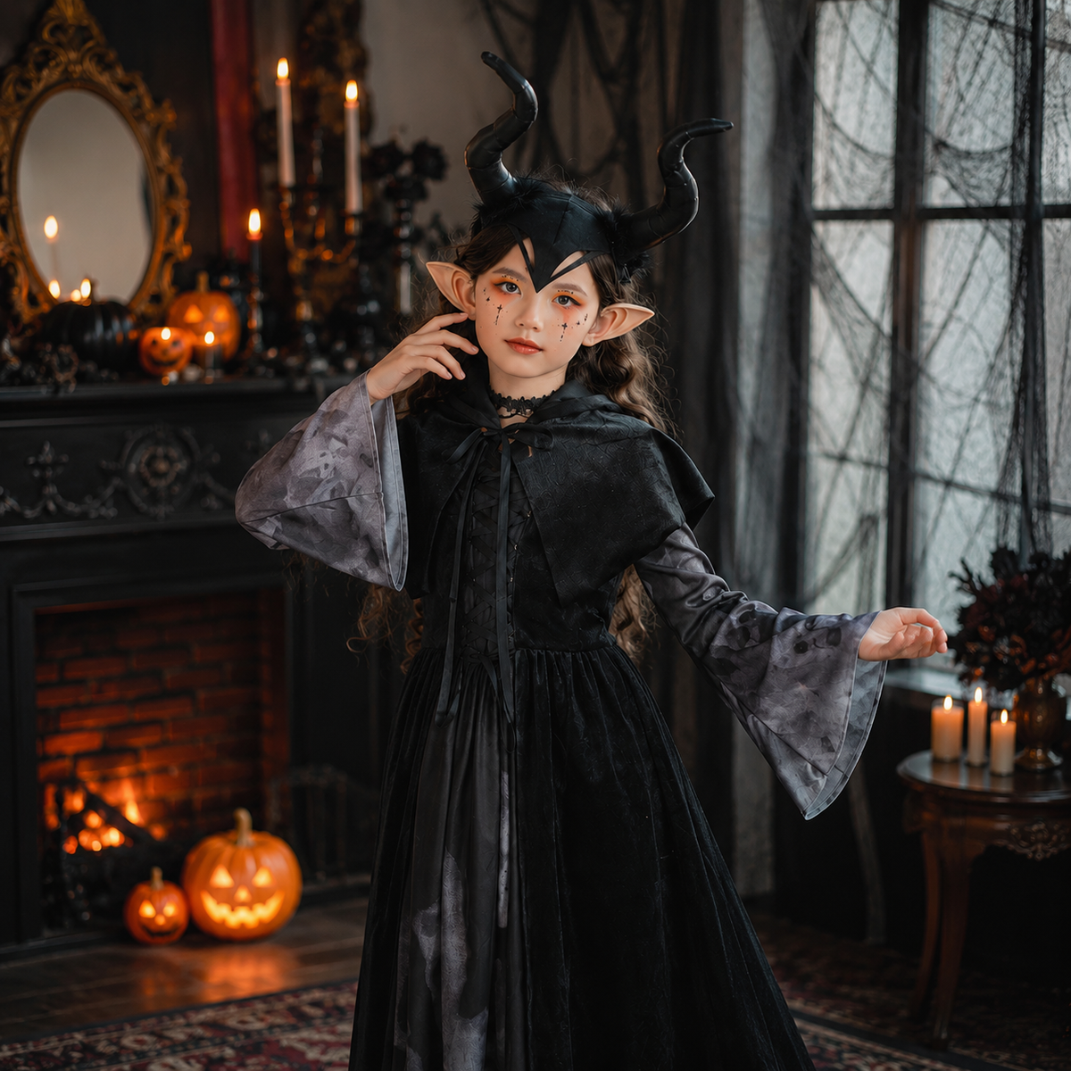 Girls Dark Fairy Costume Black Hooded Dress Horns Elf Ears Cane