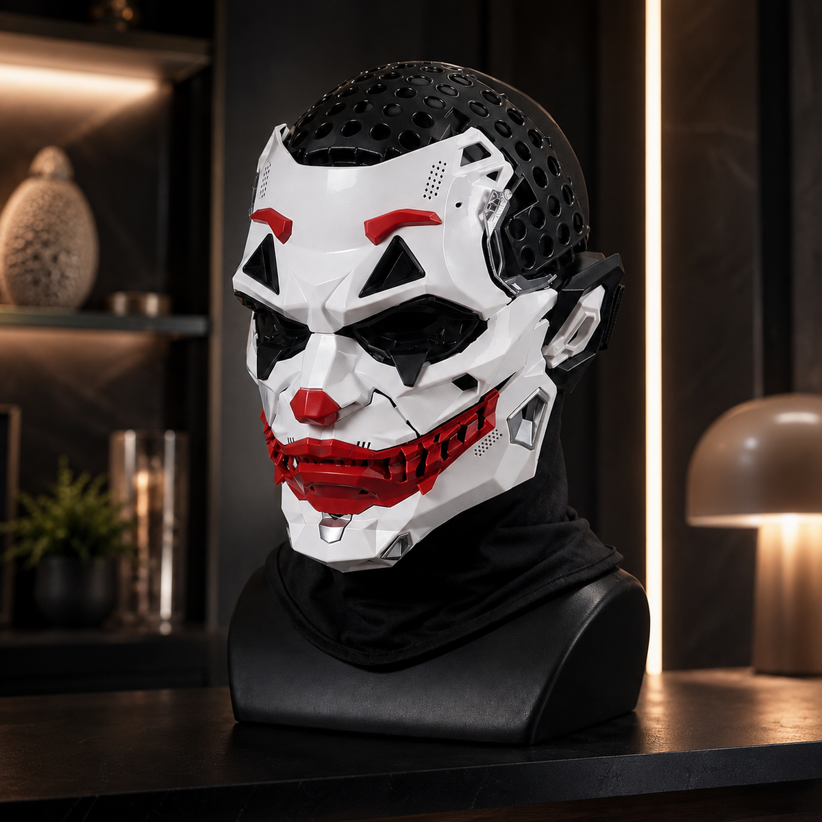 Futuristic Jester Clown Mask White Armored Face Wavy or Dreadlock Wig