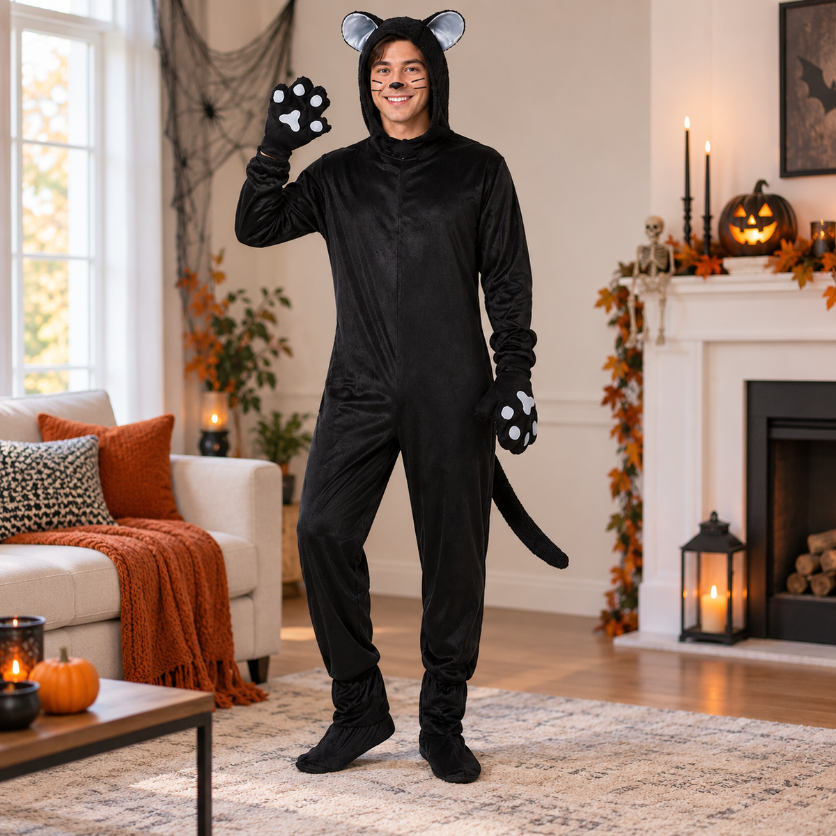 Black Cat Costume Hooded Velour Jumpsuit Paw Gloves Tail Family Set