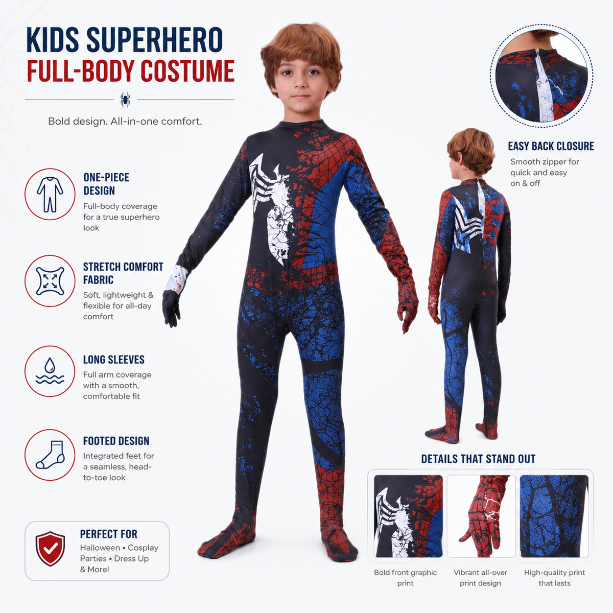 Kids Spider Hero Zentai Bodysuit Red Blue Black Web Print Costume