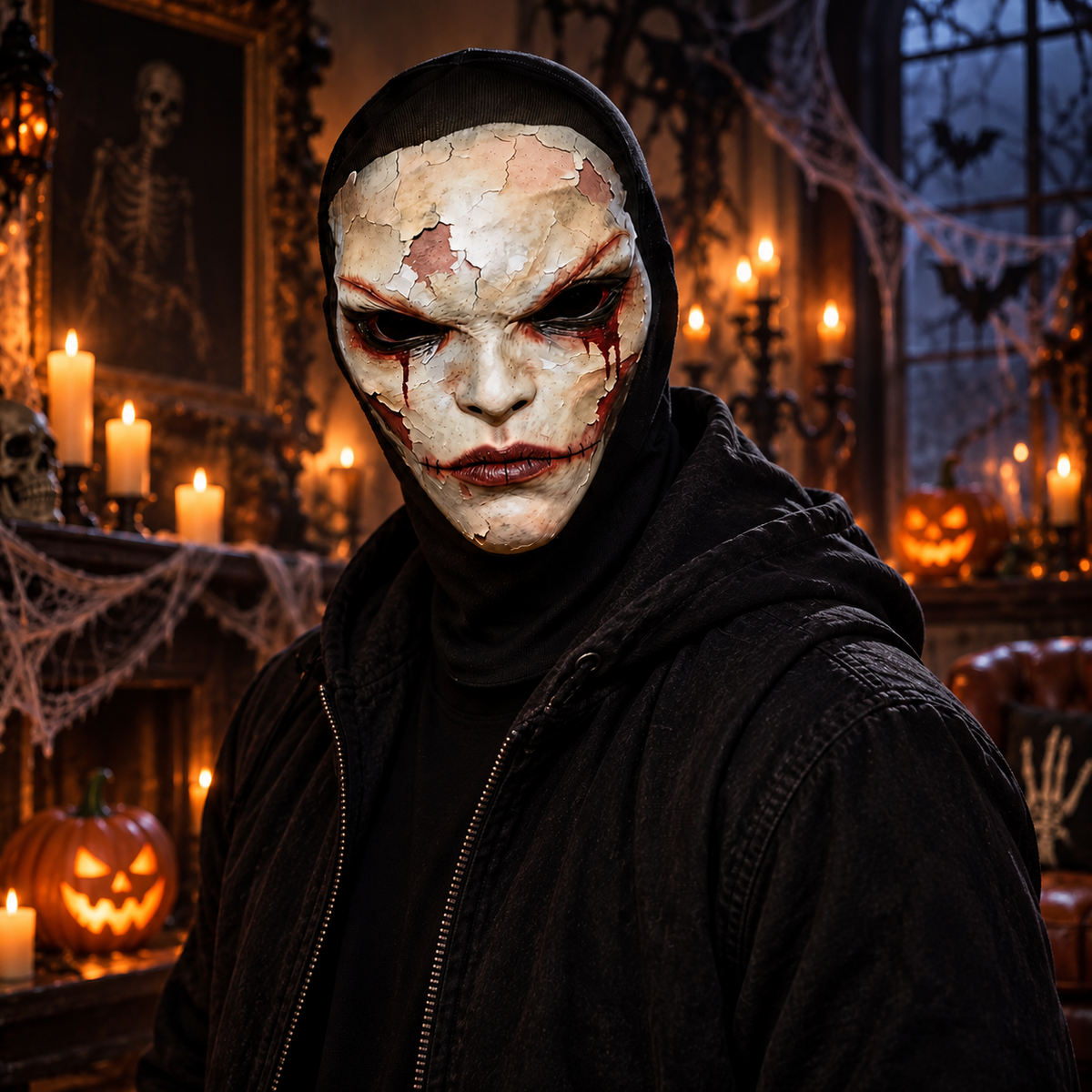 Cracked Porcelain Horror Face Hooded Balaclava Halloween Mask