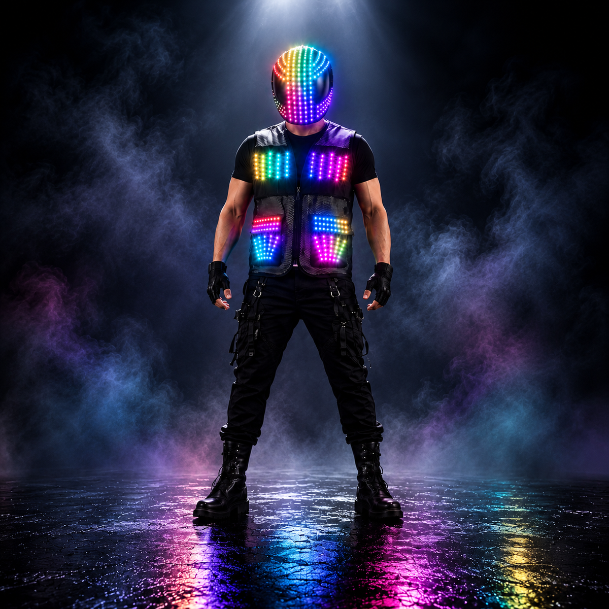 LED Helmet and Vest Set RGB Light Up DJ Costume Full Face Helmet Stage