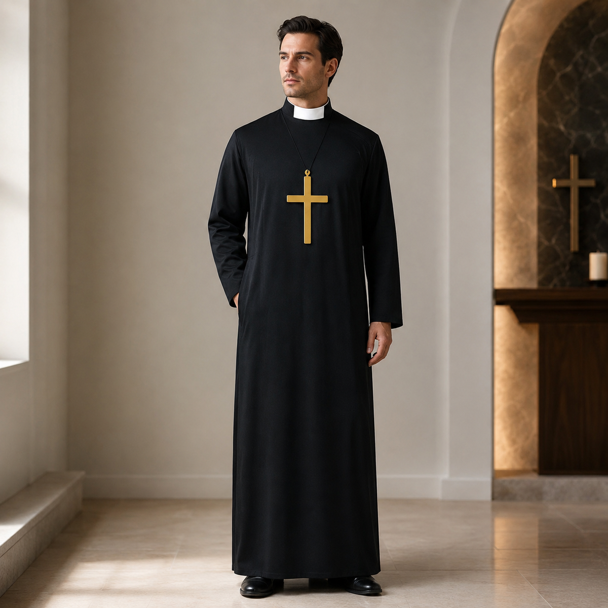 Adult Nun and Priest Costume Black Robe Veil Clerical Collar Cross