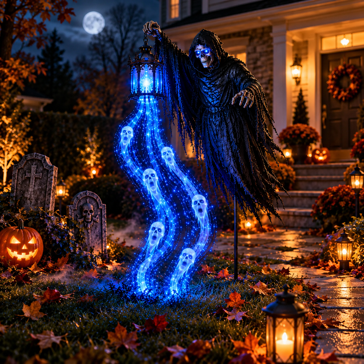 Grim Reaper Solar Yard Light with Lantern and Blue Ghost Glow Stake
