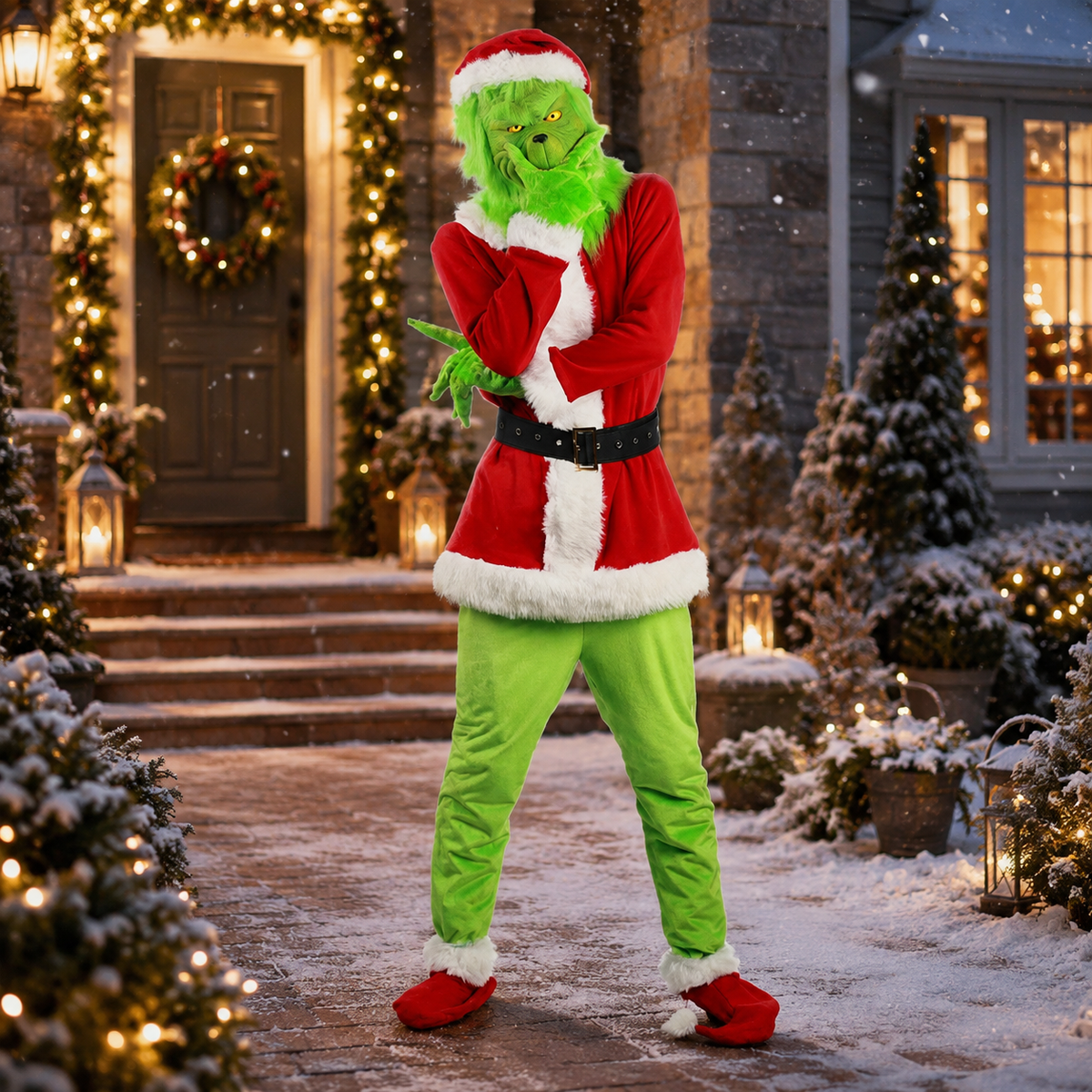Green Christmas Grinch Style Costume Furry Mask Santa Suit Kids Adults