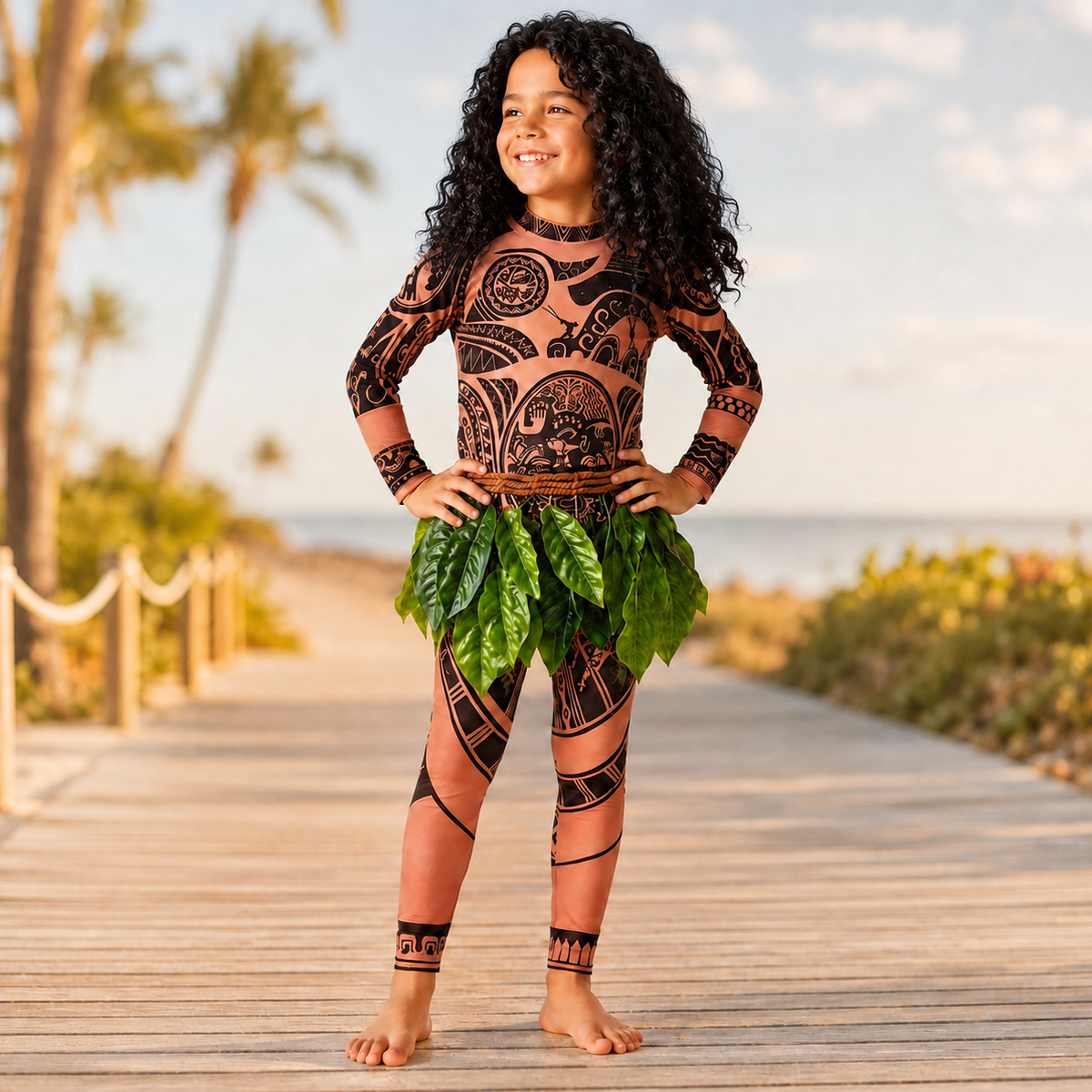 Maui Style Costume Tattoo Print Bodysuit Leaf Skirt Kids and Adults