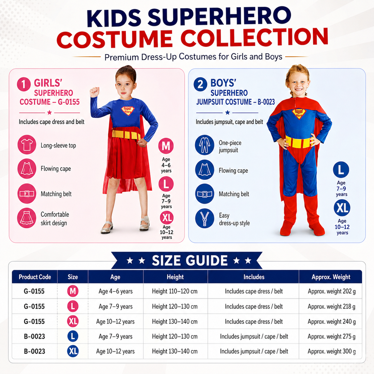Kids Superhero Costume Girls Cape Dress or Boys Jumpsuit with Belt